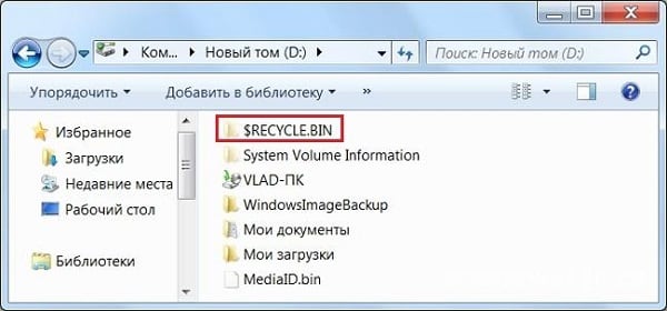 Folder $ RECYCLE.BIN on drive D Папка $RECYCLE.BIN на диске D