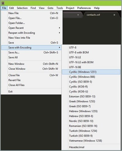 Change contact encoding Изменение кодировки контактов