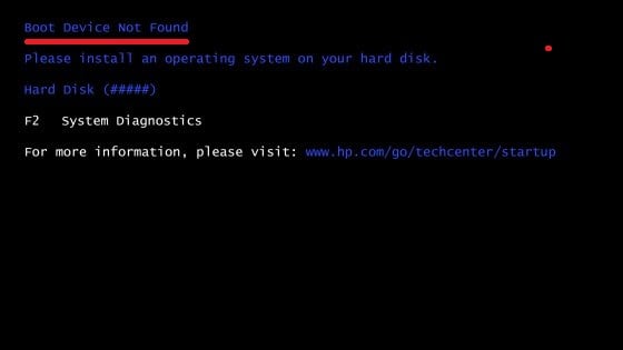 Screenshot Boot Device Not Found error on HP Скриншот ошибки Boot Device Not Found на HP