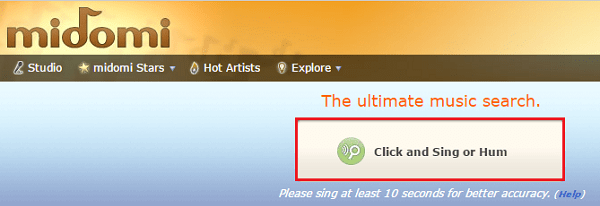 Click the big button "Click and Sing or Hum" to start the music identification process. Нажмите на большую кнопку "Click and Sing or Hum" для начала процедуры идентификации музыки