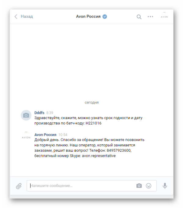 VK correspondence with Avon representative Переписка VK с представителем Avon