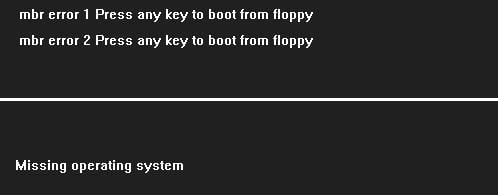 Error text on PC screen MBR ERROR 1 Press any key to boot from floppy