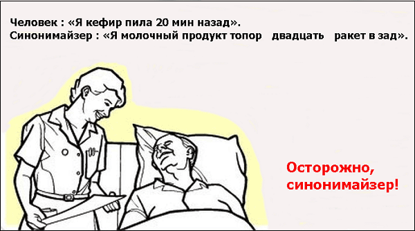 Some of the results of the synonymizer work look pretty funny. Некоторые результат работы синонимайзера выглядят довольно забавно